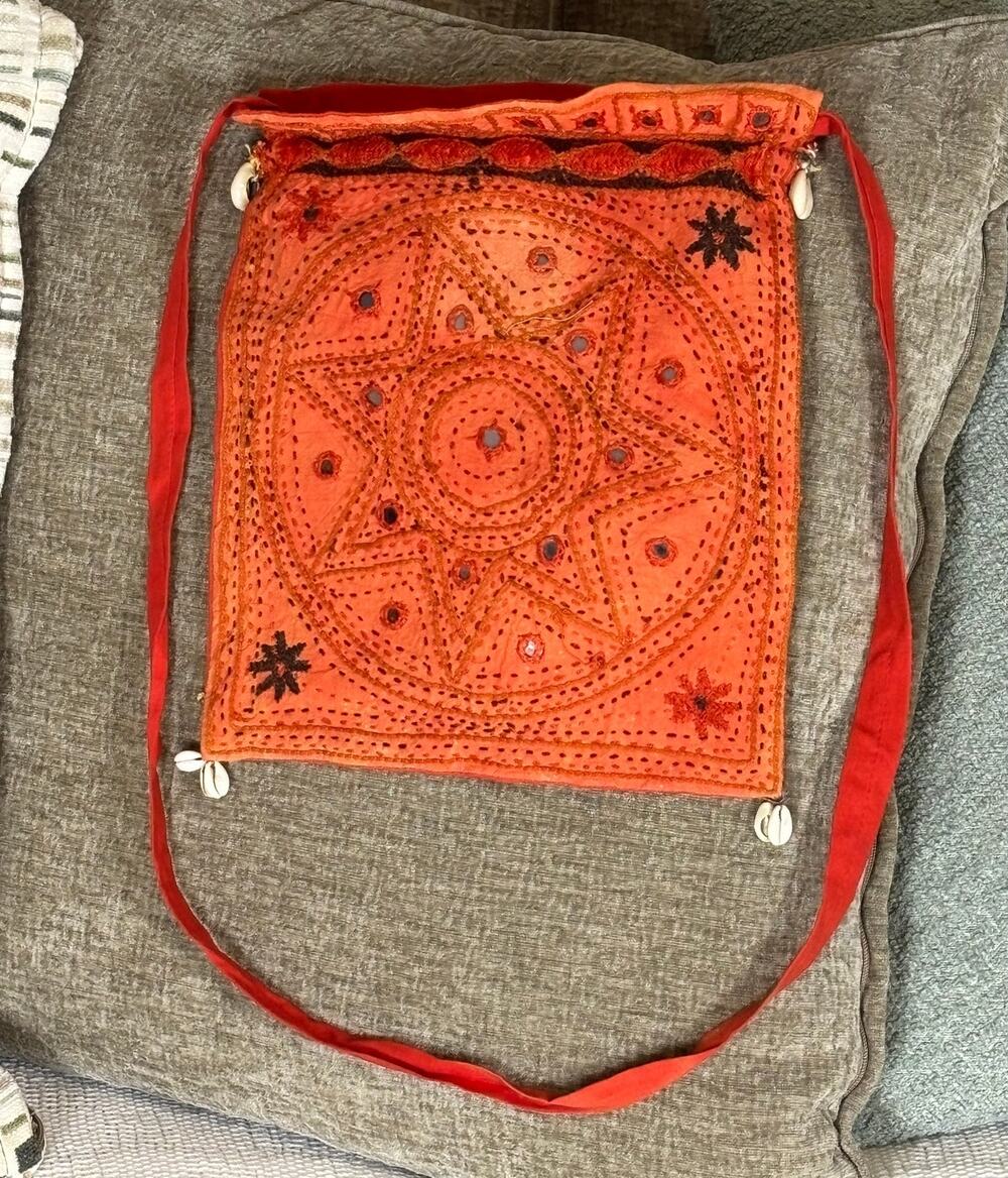 Vintage Indian Shisha Mirror Work Embroidered Cowrie Shell Drawstring 1970s Bag